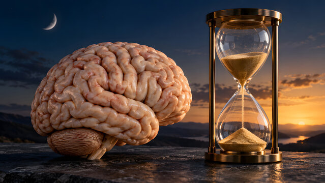 Anatomical brain rests beside a tall glass hourglass filled with sand against a dramatic sky showing a golden sunset and crescent moon, representing the passage of time and biological cycles.