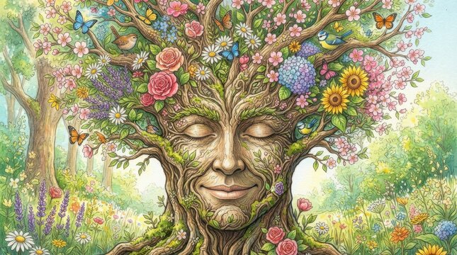 Enchanted tree spirit with a face blooming with flowers and butterflies