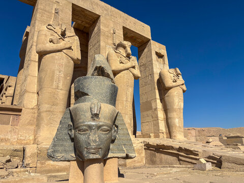 Granite head of Ramesses II in front of statues of Osiris, Ramesseum, memorial temple of Pharaoh Ramesses II, Luxor, Egypt