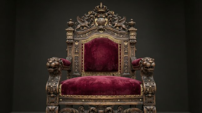 Ornate wooden throne with crimson velvet upholstery