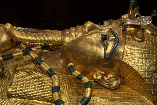 The outer gilded coffin of King Tutankhamun, The Grand Egyptian Museum, GEM, Cairo, Egypt,