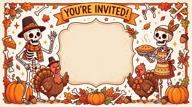 Cute Thanksgiving Party Invitation Frame with Skeletons, Turkeys, Pumpkin Pie, and Blank Copy Space Banner