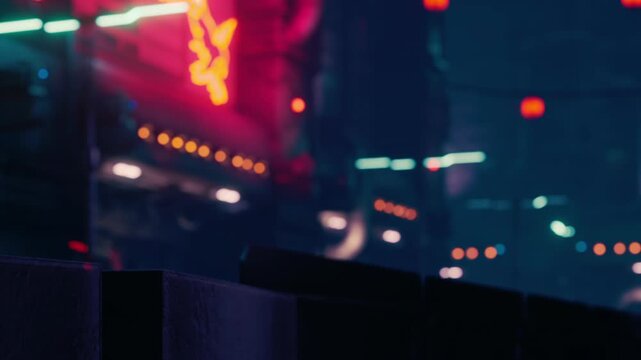 A lively cityscape comes alive with colorful neon lights as people move through streets filled with energy. This nighttime view showcases the buzz of urban life in a modern setting.
