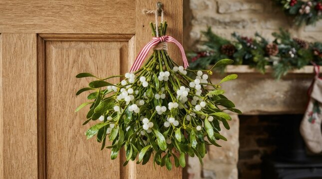 Christmas mistletoe bunch hanging on a wooden door