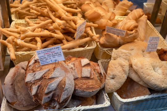 Local breads for sale in a bakery near Mercarto di Mezzo in the historic University city of Bologna,