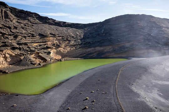 El Lago Verde, Green Lake, and beach near El Golfo in the Canaries Island of Lanzarote