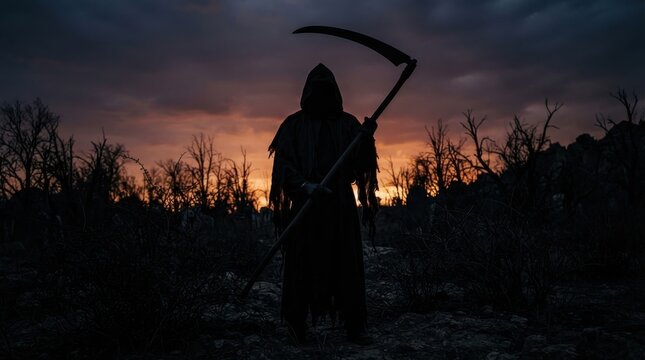 Grim reaper standing with scythe in desolate landscape at sunset