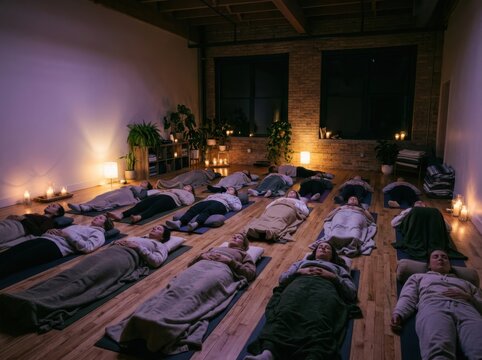 Meditation class in candlelit yoga studio with resting people