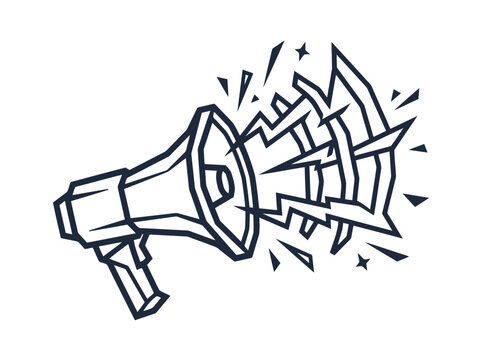 Megaphone breaking apart with sound waves illustrating loud announcement or urgent message delivery