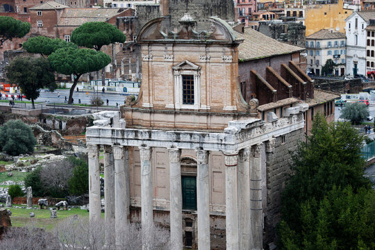 The architecture of Ancient Rome in the Colosseum Archaeological Park and Palatine Hill, central Rome, Italy