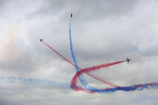 The Red Arrows flying in formation over Silverstone Circuit during the British Grand Prix, Silverstone, England
