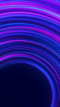 Extreme closeup of circular big data neon line flow. Digital data stream for quantum computing. Cyberspace of qubit round trail waves. Modern technology information transmission. Vertical Video.