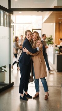 Two happy women embracing warmly in a modern office lobby, celebrating success and friendship