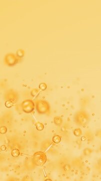 3D golden glass molecules with bonded spheres. Cosmetic collagen serum, essence oil, vitamin, hyaluronic acid for skin care. Healthcare concept loop animation. Vertical Video.