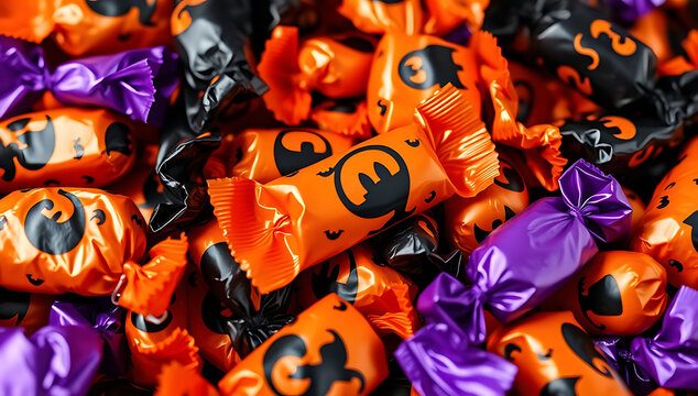 Halloween Wrapped Candy Background Close Up