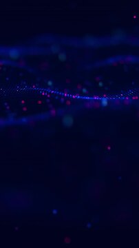 Futuristic technology wave with neon line patterns and cloud data points. Digital cyberspace concept. Abstract digital wave with moving particles. Big data flow animation. Vertical Video.