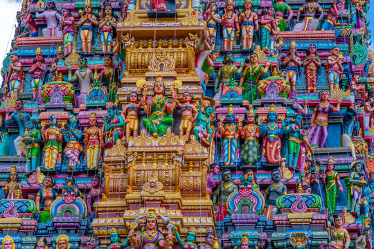View of colourful ornate detail of Sri Muthumari Amman Kovil, Matale, Sri Lanka