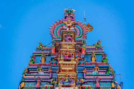 View of colourful ornate detail of Sri Muthumari Amman Kovil, Matale, Sri Lanka