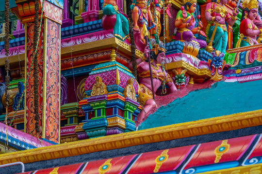 View of colourful ornate detail of Sri Muthumari Amman Kovil, Matale, Sri Lanka