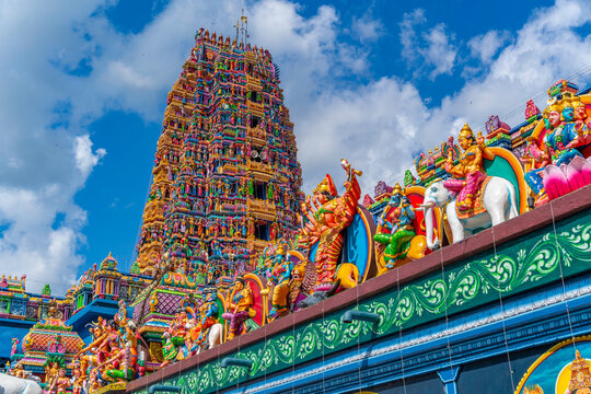 View of colourful ornate detail of Sri Muthumari Amman Kovil, Matale, Sri Lanka
