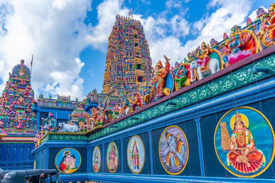 View of colourful ornate detail of Sri Muthumari Amman Kovil, Matale, Sri Lanka