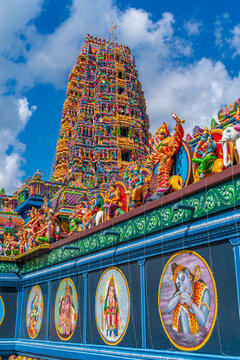View of colourful ornate detail of Sri Muthumari Amman Kovil, Matale, Sri Lanka