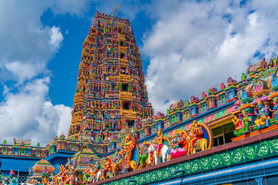 View of colourful ornate detail of Sri Muthumari Amman Kovil, Matale, Sri Lanka