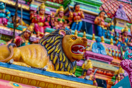 View of colourful ornate detail of Sri Muthumari Amman Kovil, Matale, Sri Lanka