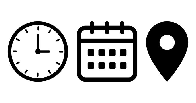 Clock, calendar and location pin vector icon collection for time, date and address concepts, appointment scheduling, meeting deadlines, business planning, productivity and organization png
