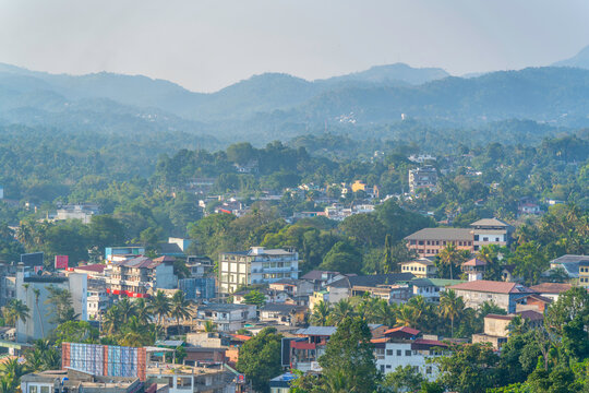 View of outskirts of Kandy and mountains in background, Kandy, Central Province, Sri Lanka