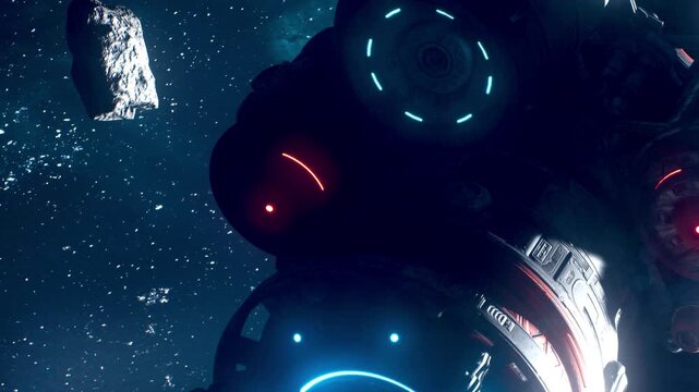 A spacecraft glides silently through the vastness of space, surrounded by countless stars. Bright lights illuminate the ship, creating a mesmerizing scene of exploration and adventure.