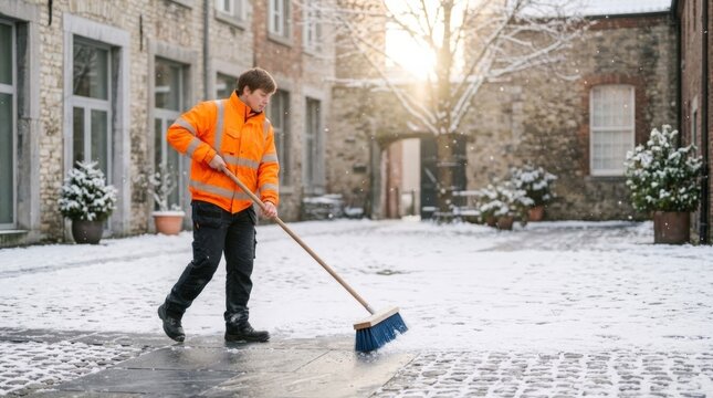 Professional maintenance worker clearing fresh snow from a historic stone courtyard, representing diligent facility management and seasonal infrastructure care during winter weather conditions.