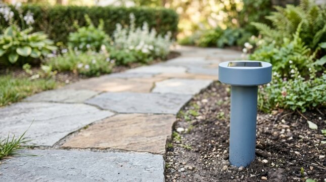 Solar-powered garden light installed in soil beside a winding flagstone path for modern exterior landscape design and sustainable outdoor lighting solutions