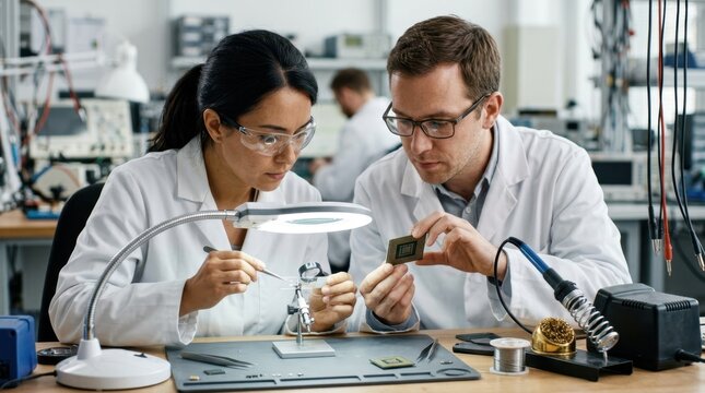 Engineers studying a chip package and microscope slide in an electronics lab with soldering station and inspection lamp