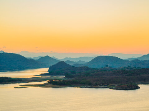 Cerron Grande Reservoir or Lake Suchitlan at dawn, elevated view, Suchitoto, border of Cuscatlan and Chalatenango Departments, El Salvador