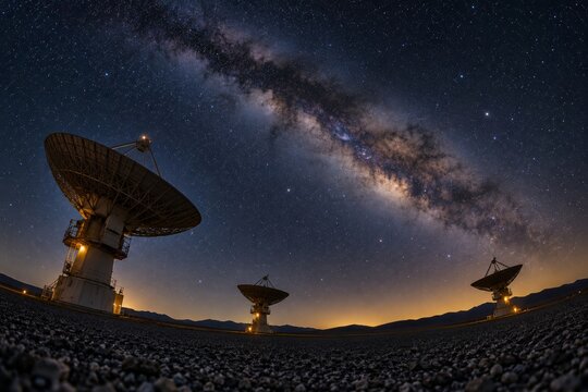 Radio Telescope Dishes under a Star Filled Sky