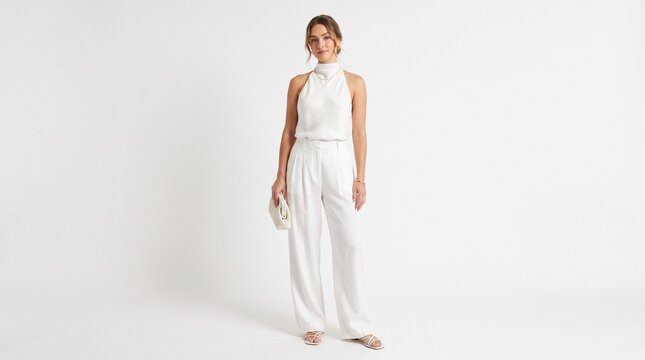 Chic White Ensemble: A stylish woman confidently poses in a flattering white halterneck top and wide-leg pants, holding a clutch purse. Her look is sophisticated and modern.