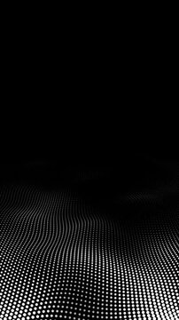 White dot particles ripple across deep black background. Halftone wave surface fades into darkness soft depth. loop YouTube. White vector waves flow black. Abstract monochrome, yin yang balance mood.