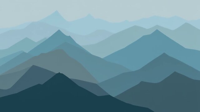 Expansive, undulating mountain ranges in varying shades of serene blues and cool grays create a vast, atmospheric vista suggesting adventure, exploration, and the grandeur of nature's