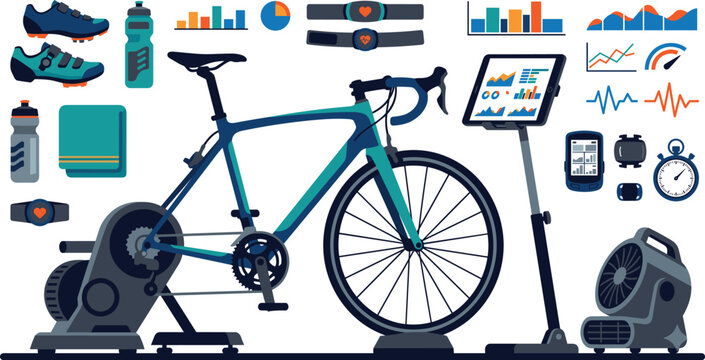 Indoor Cycling Smart Trainer Setup Vector Set with Road Bike Direct Drive Turbo Trainer Tablet Stand Blower Fan Heart Rate Monitor Cycling Shoes Water Bottles and Performance Analytics Dashboards