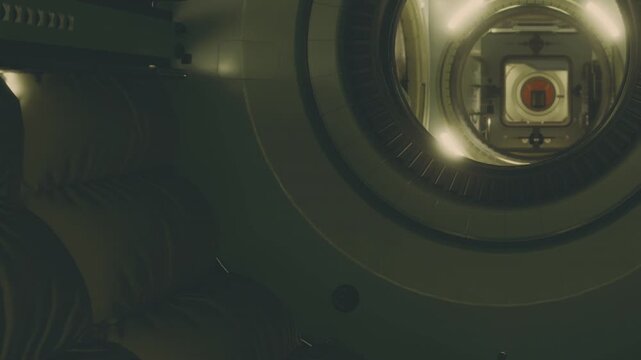 The interior of a sleek spacecraft reveals cozy seating and illuminated walls, creating an atmosphere of high tech exploration and comfort within a vast universe.