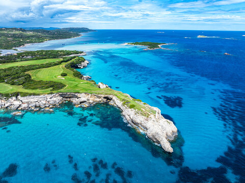 Promontory of 'Pointe de Sperone' surrounded by crystalline sea, drone view, summer scene, Strait of Bonifacio, south of Corsica (Corse-Du-Sud), Corsica, Mediterranean Sea, France
