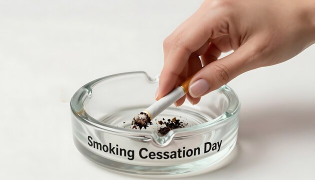 Woman's hand extinguishing cigarette for Smoking Cessation Day, resolute, quitting unhealthy habit against white background with copy space