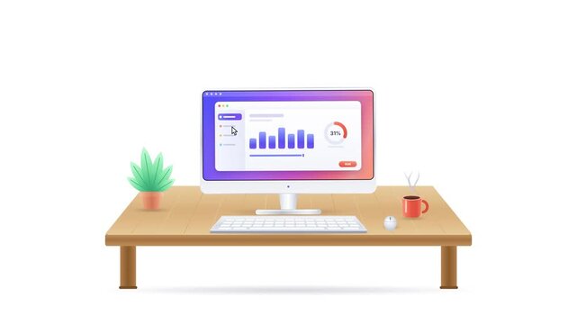 Modern workspace desk setup with computer monitor displaying data analytics dashboard, minimalist office illustration for business presentations 4k