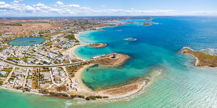 Panoramic aerial view of the coast of Porto Cesareo in summer, Lecce province, Salento, Ionian Sea, Apulia region, South of Italy, Italy