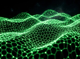 Fototapeta premium Abstract digital landscape with green glowing hexagonal grid and wave pattern