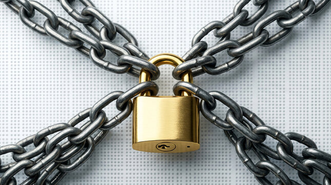 Golden padlock secured with heavy metal chains on a dotted background, symbolizing security, protection, and restricted access, perfect for concepts of privacy or safety