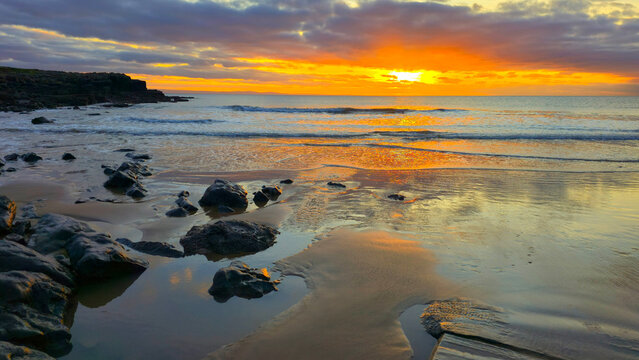 Winter sunset, Rest Bay, near Porthcawl, South Wales, UK