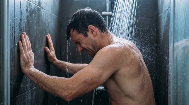 Man grimacing under cold shower stream with hands on tile wall, cold exposure ritual