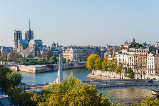 Overview of Pont de la Tournelle, Saint-Louis and Cite islands on Seine River from the top of the Arab World Institute,Paris,Ile-de-France region,France,Europe